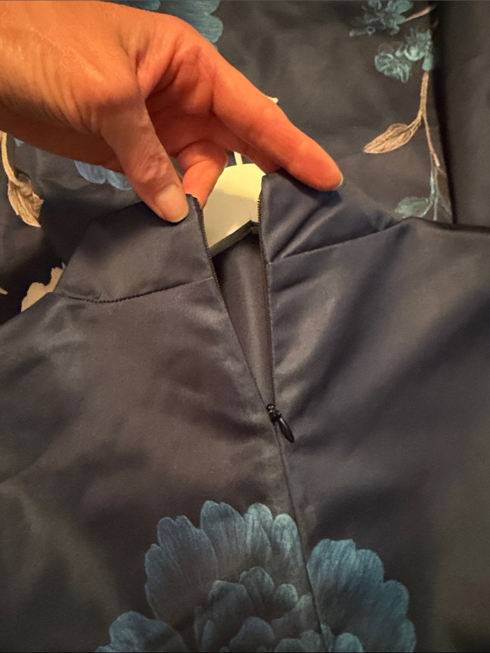 Navy Floral Satin Tie Waist Maxi Dress with Blue and Cream Peony Blooms - Picture 10 of 11